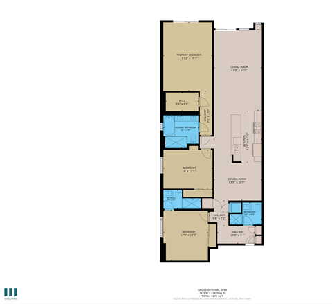 Floor plan for 3 beds, 3 baths, 1838 sqft